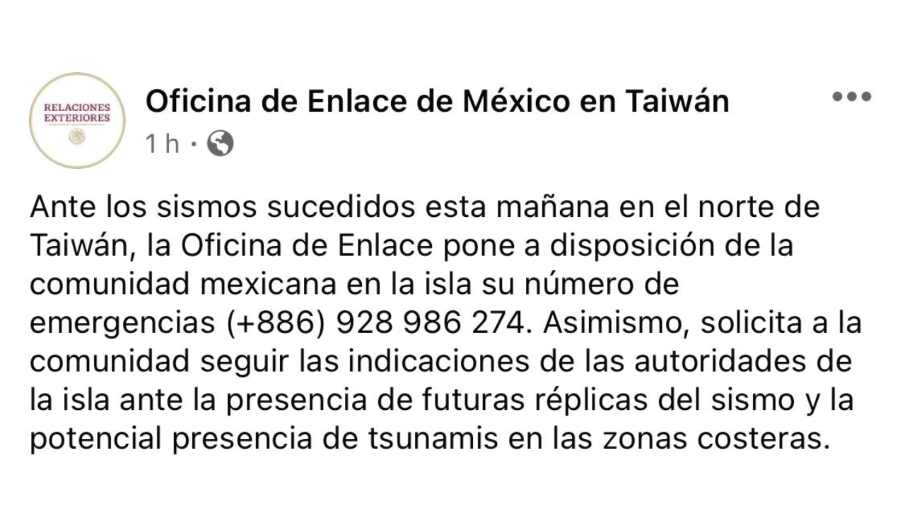 Oficina de México en Taiwán abre líneas de comunicación por sismo