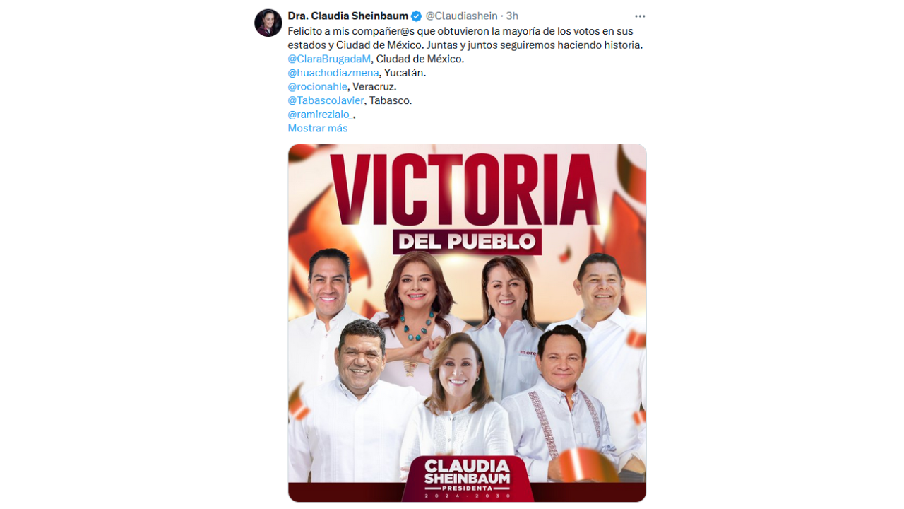 Claudia Sheinbaum celebra triunfo electoral de Margarita González Saravia